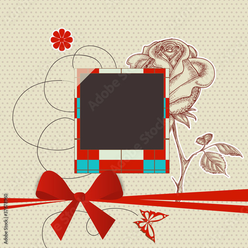 Scrapbook template with photo frame and red ribbon