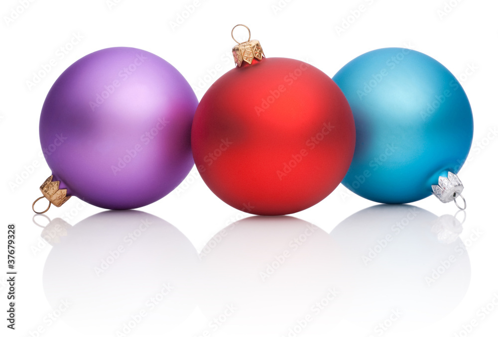 Christmas Red, Purple, Blue Baubles Isolated on white background Christmas Red, Purple, Blue Baubles Isolated on white background