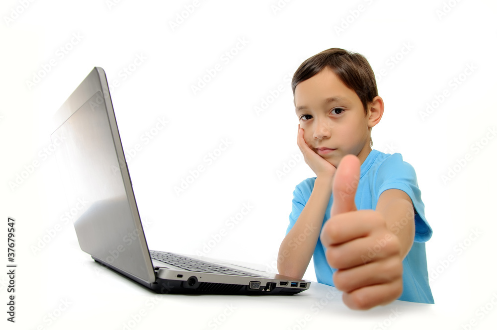 Boy with laptop isolated on white background showing ok isolated Boy with laptop isolated on white background showing ok isolated
