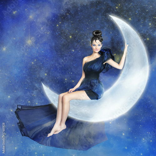 Young woman sitting on the moon