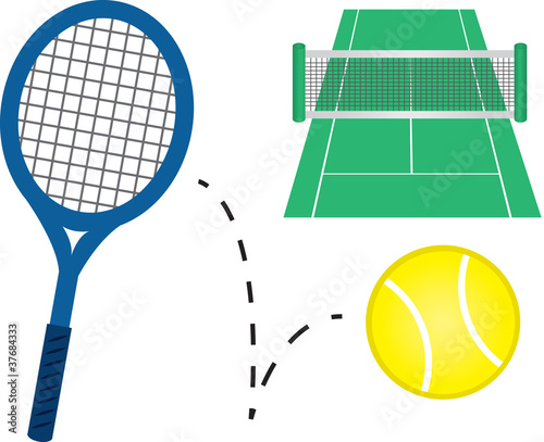 Tennis racket, tennis ball and court