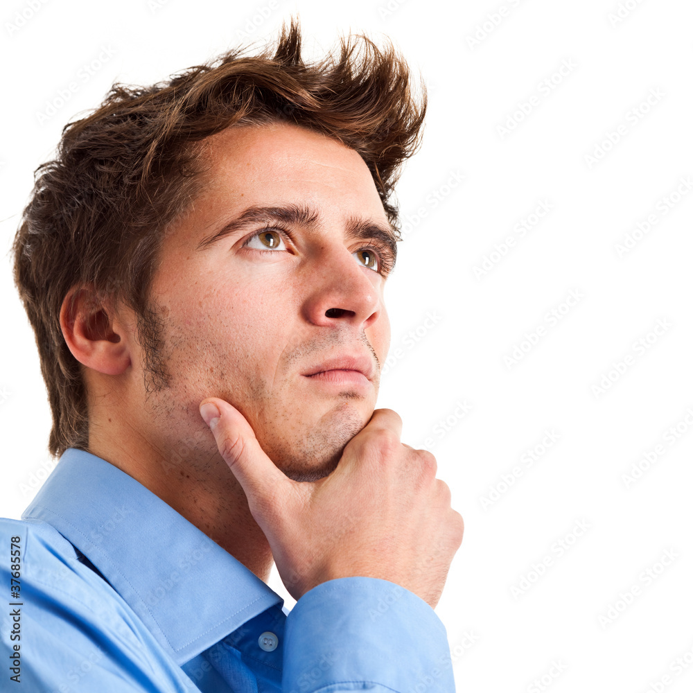 Fototapeta premium Thoughtful man portrait isolated on white