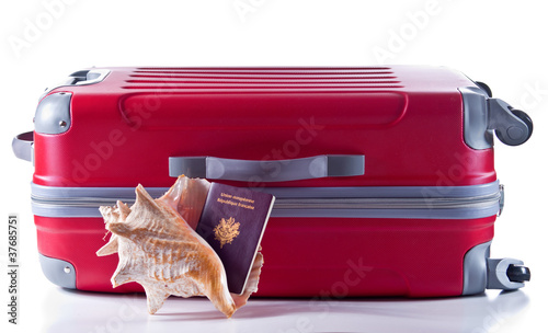 Canvastavla valise rouge coquillage et passeport