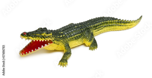Crocodile toy in front of white background © Eric Isselée