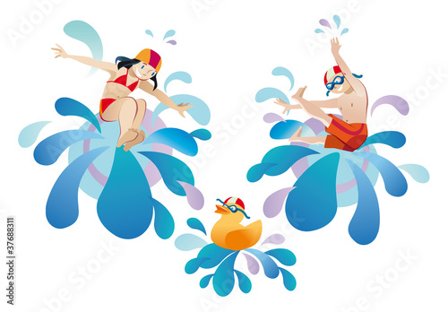 Little girl and boy jumping into a pool