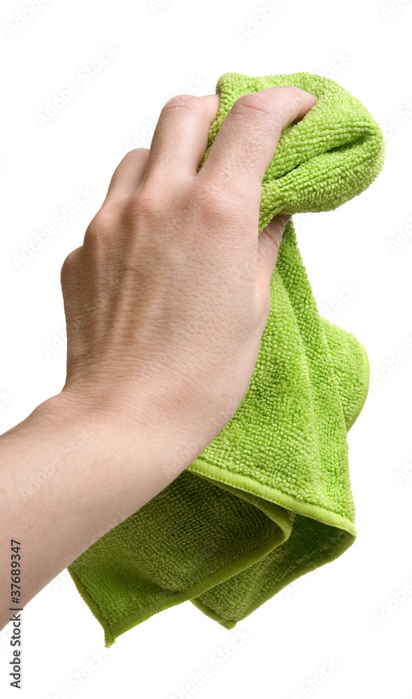 Hand with cleaning rag isolated on white Stock Photo