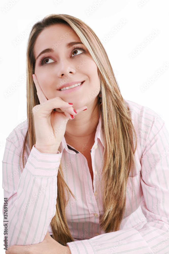 Thoughtful latin woman looking up - isolated over white Thoughtful latin woman looking up - isolated over white