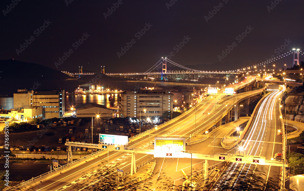 night scenes of highway Bridge in Hong Kong.