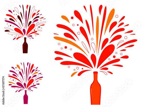 Splashing champagne or wine bottle isolated on white
