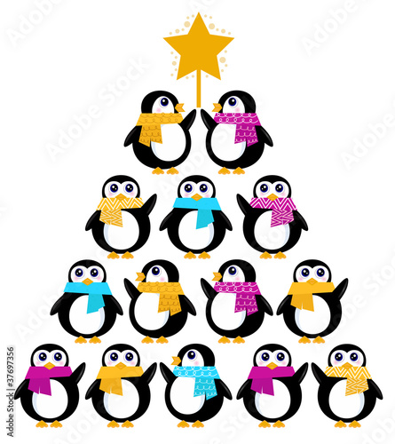 Cute Penguins creating Christmas Tree isolated on white