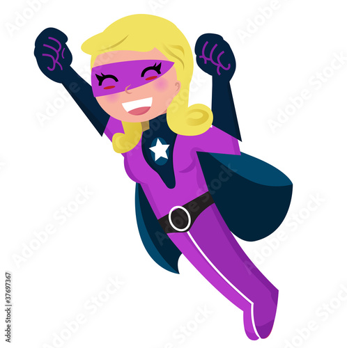 Flying pink cute superhero girl isolated on white
