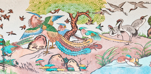 group of bird painting on chinese temple wall