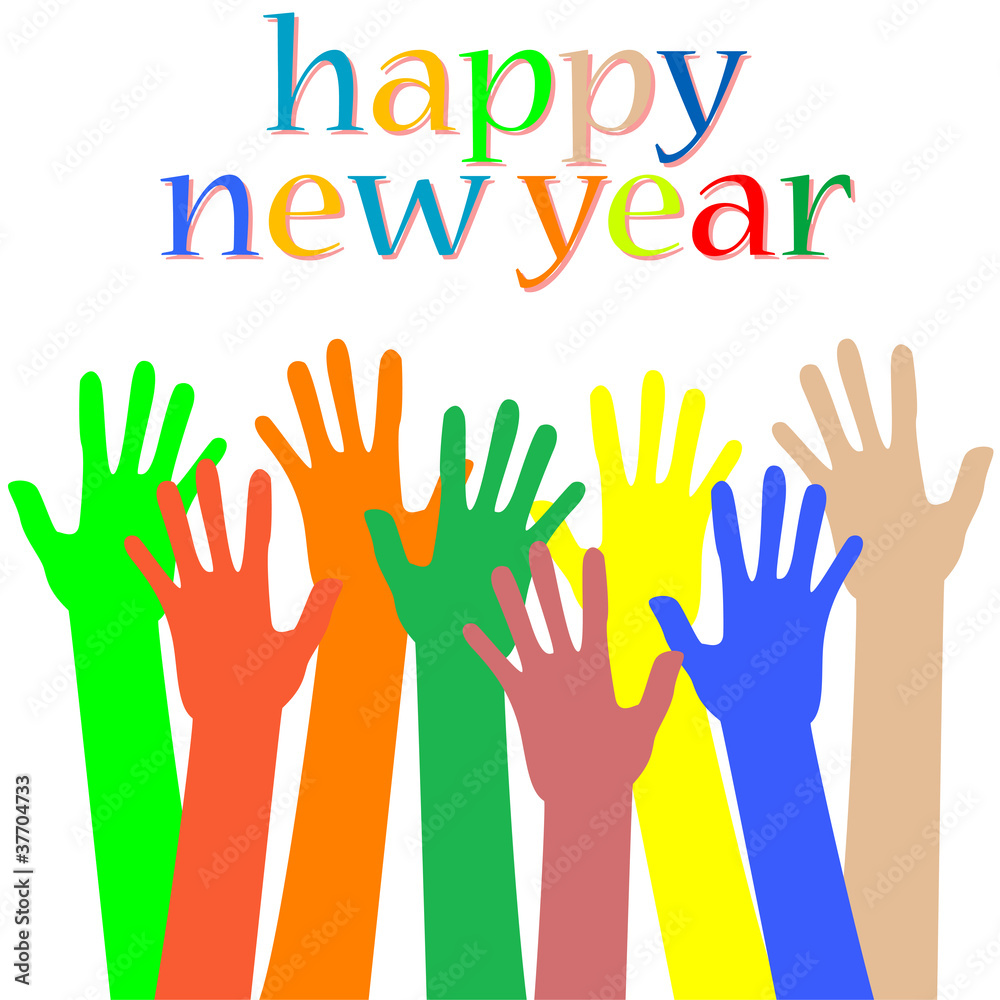 happy new year with hands. holiday vector card happy new year with hands. holiday vector card