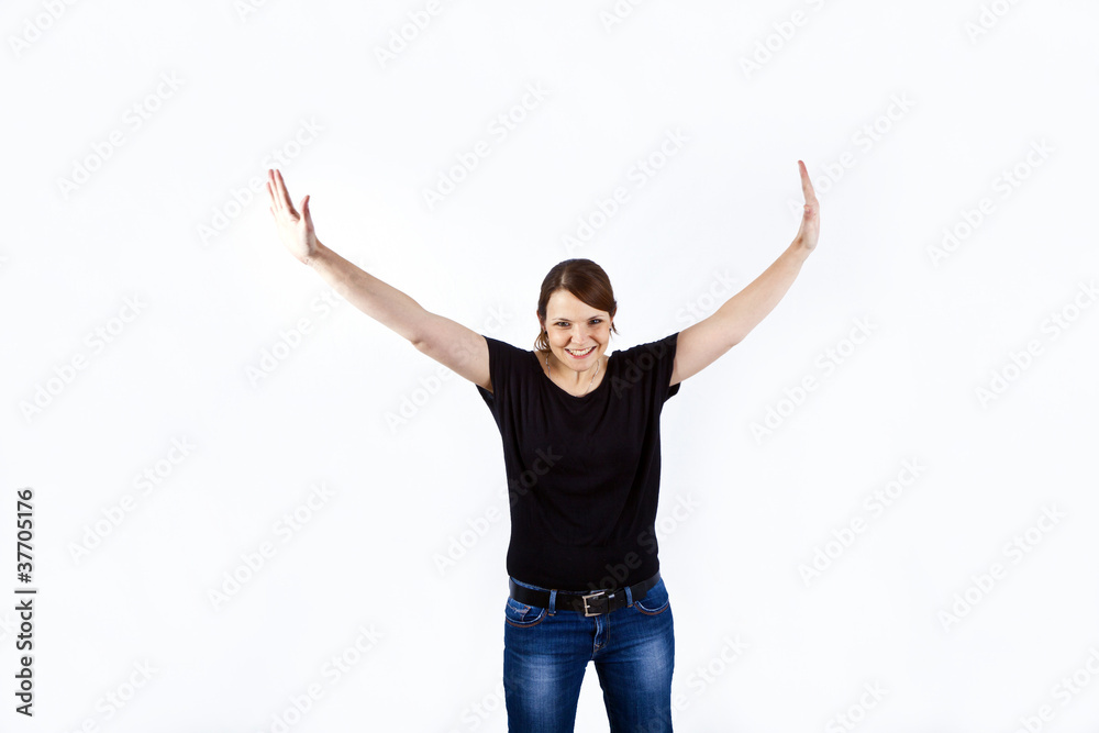 happy beautiful young woman gesturing with hands happy beautiful young woman gesturing with hands