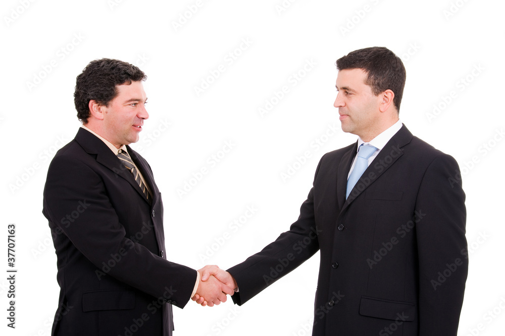 Two businessman shaking hands, making an agreement on white Two businessman shaking hands, making an agreement on white