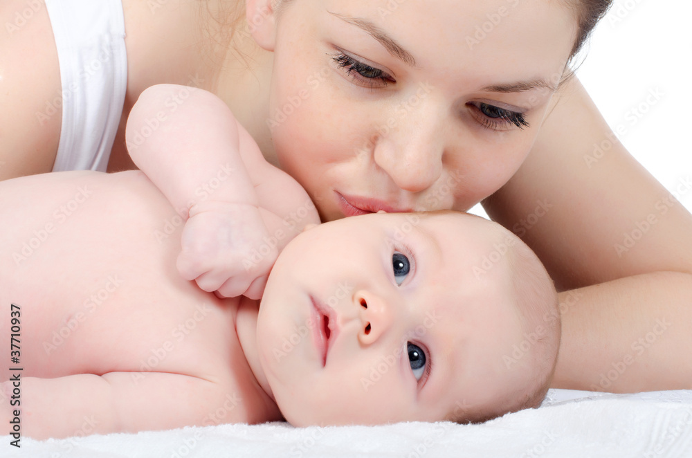 happy mother with baby over white happy mother with baby over white
