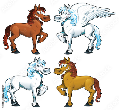 Horses + 1 Pegasus. Cartoon and vector characters.