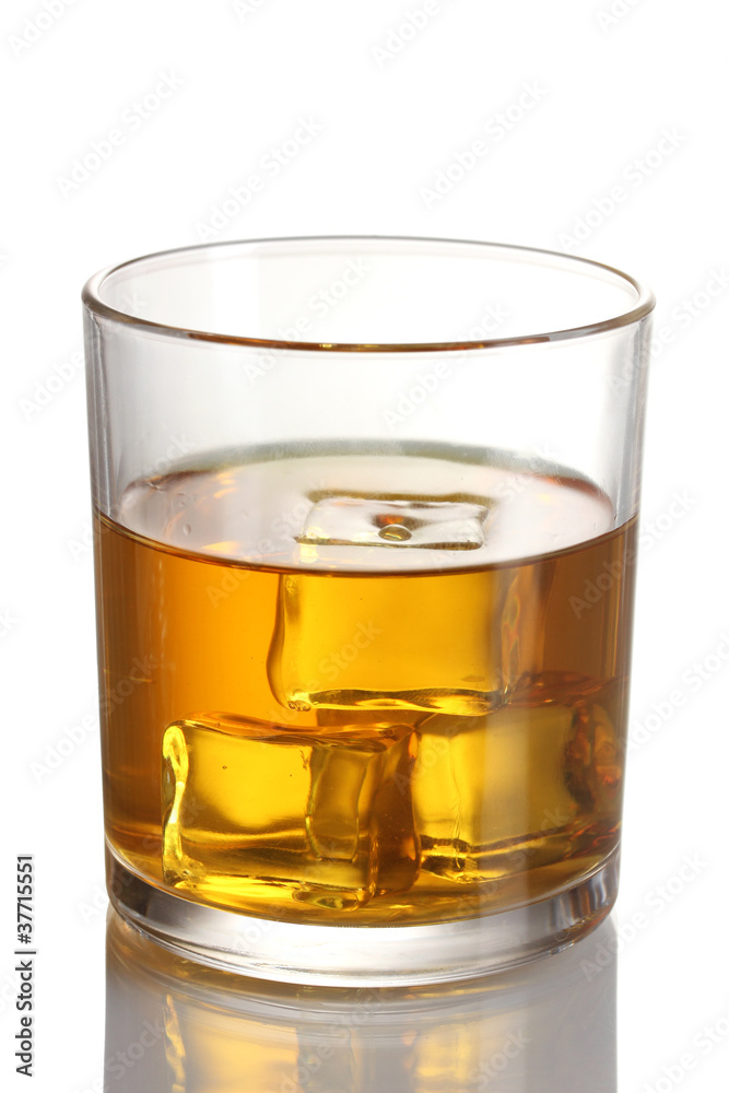 glass of whiskey and ice isolated on white glass of whiskey and ice isolated on white