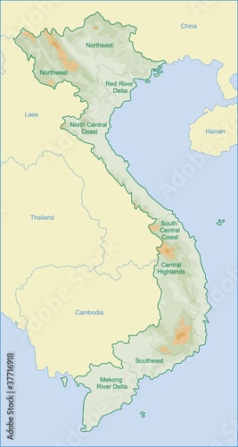 vietnam map with relief of mountains