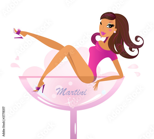 Beautiful retro girl in pink Martini glass isolated on white