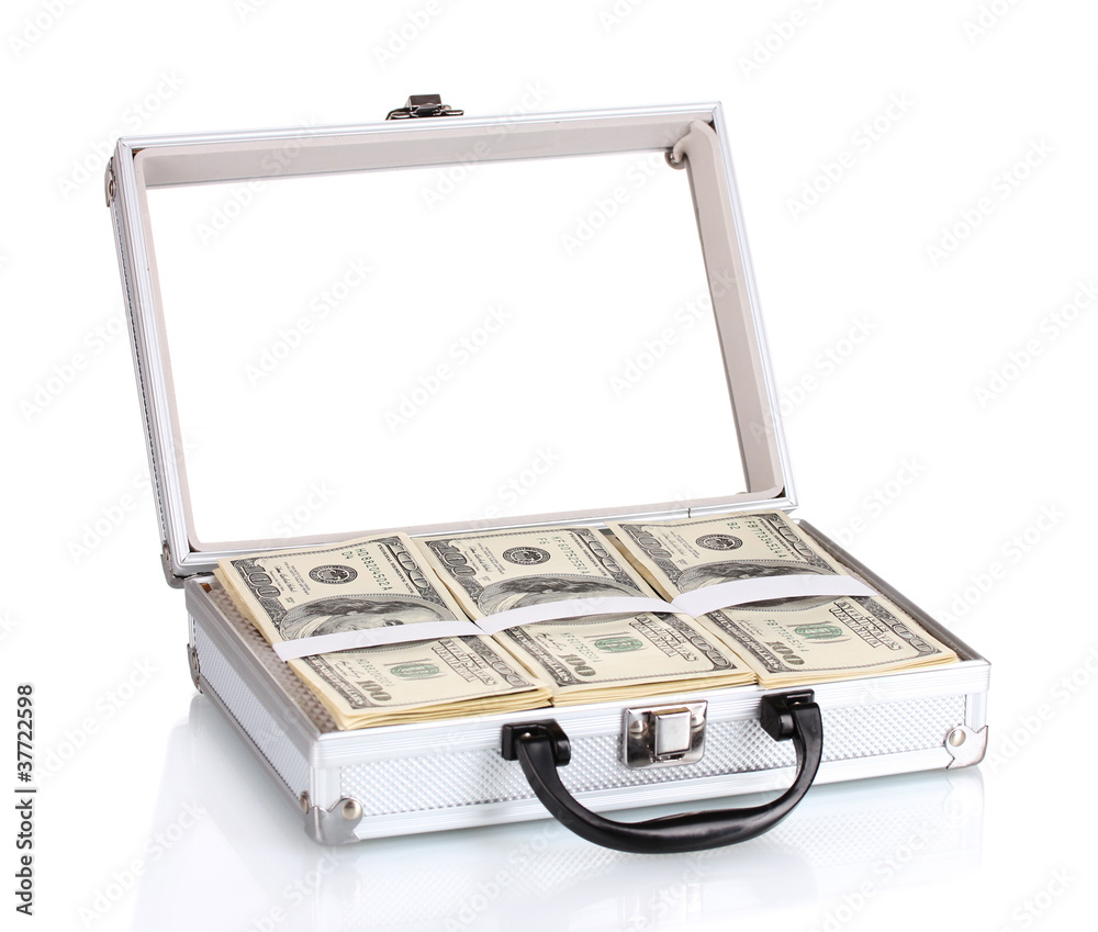 A lot of one hundred dollar bills in a case isolated on white A lot of one hundred dollar bills in a case isolated on white