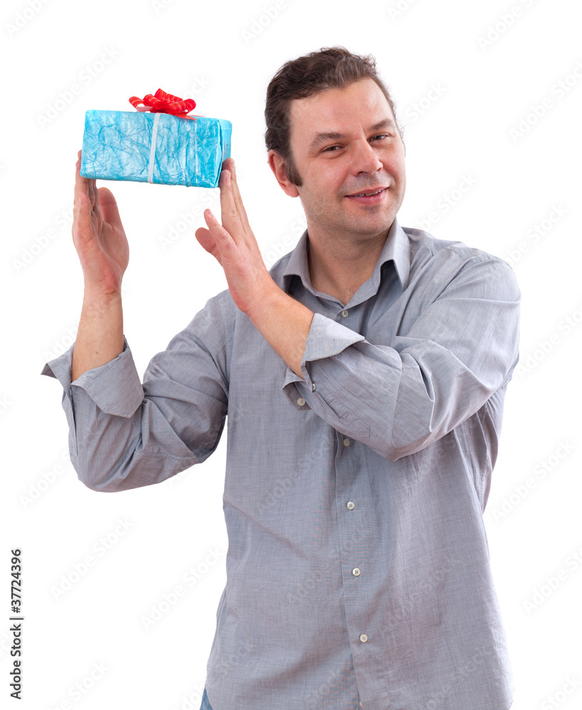 40 year old man holding a board, isolated on white background 40 year old man holding a board, isolated on white background