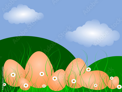 Easter Egg Landscape, blue sky and clouds