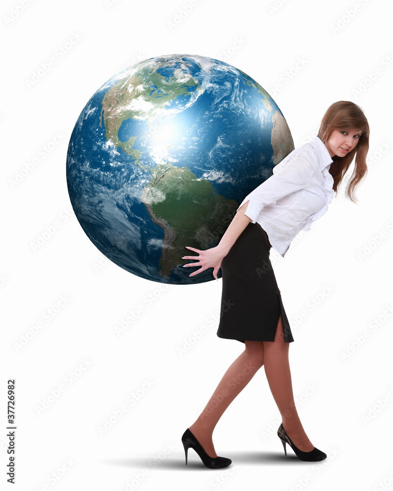 Businesswoman with our planet earth Businesswoman with our planet earth