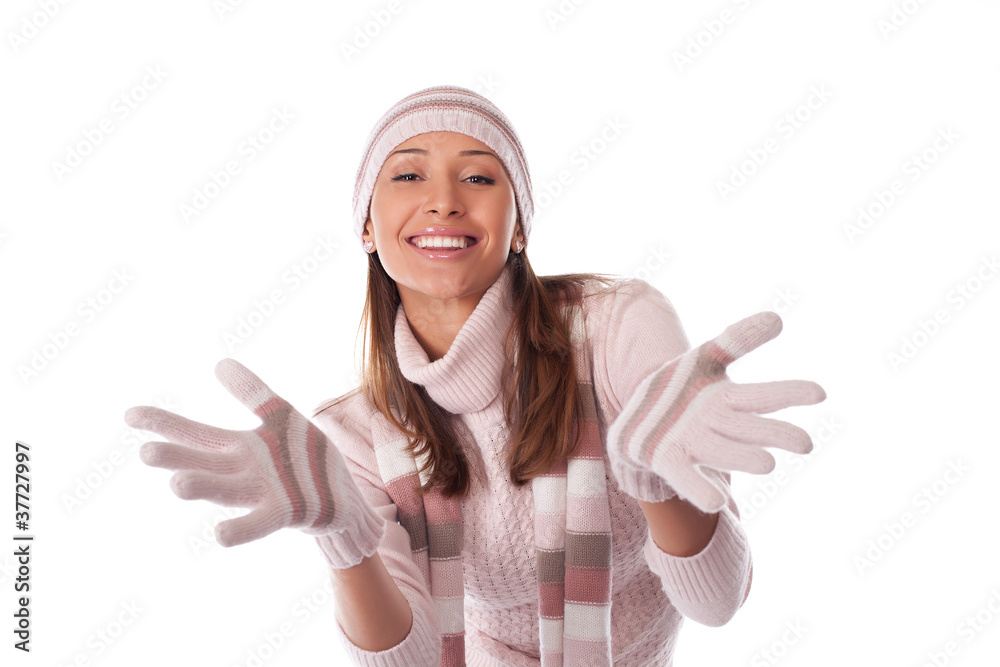 happy young woman in winter clothes on a white happy young woman in winter clothes on a white