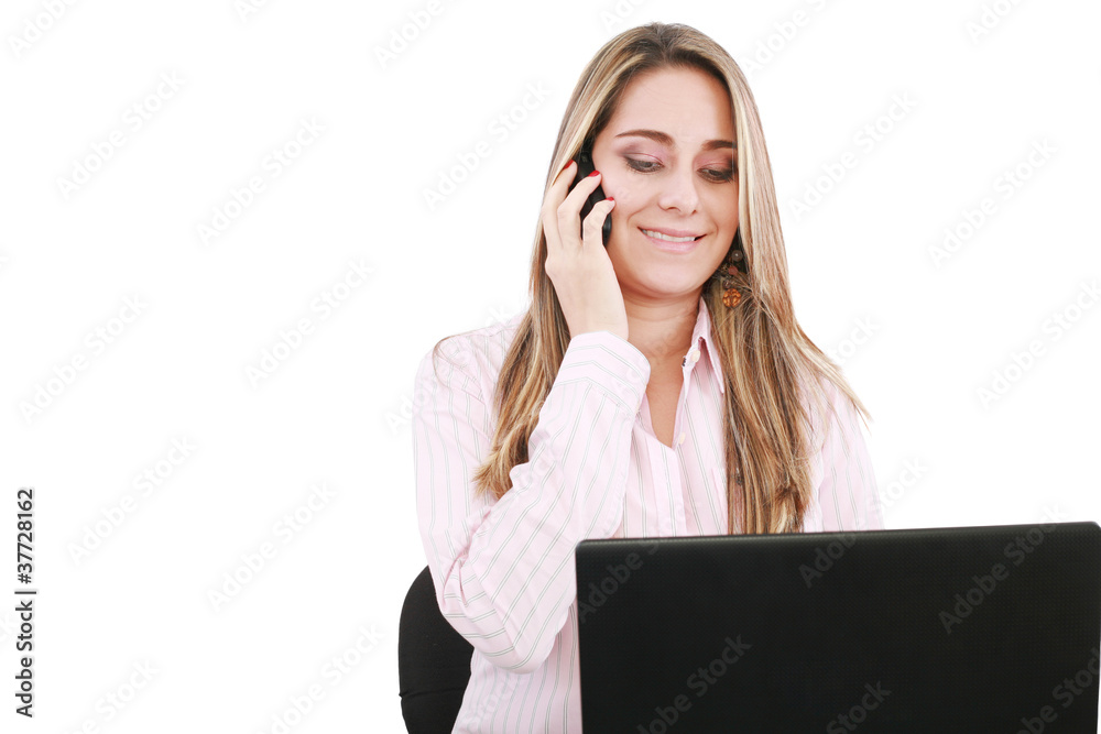 Young smiling business woman with laptop and cellular Young smiling business woman with laptop and cellular
