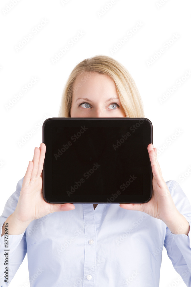 Up Looking Woman Hiding Behind Touch Pad Tablet Up Looking Woman Hiding Behind Touch Pad Tablet