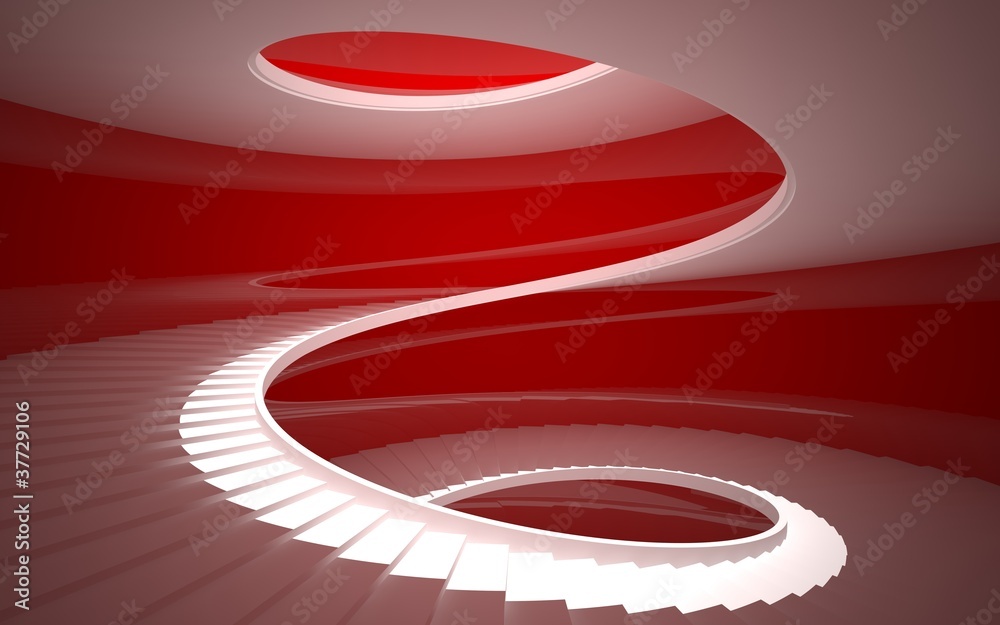 spiral staircase in a white glossy red walls