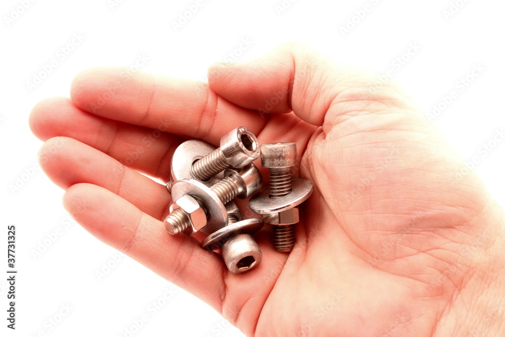 mano umana tiene nel palmo accessori di meccanica Stock Photo | Adobe Stock