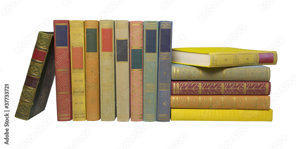 Fototapeta premium books in a row, blank labels, free copy space, isolated on white