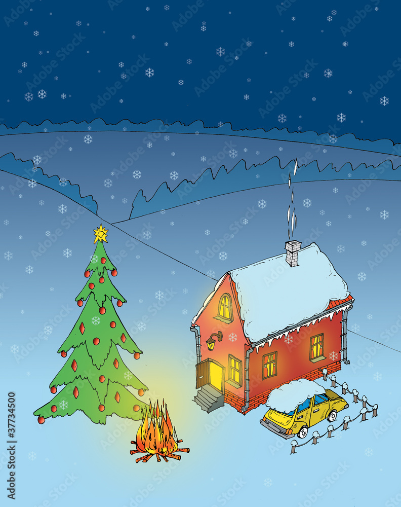 Christmas tree, car and house, cartoon