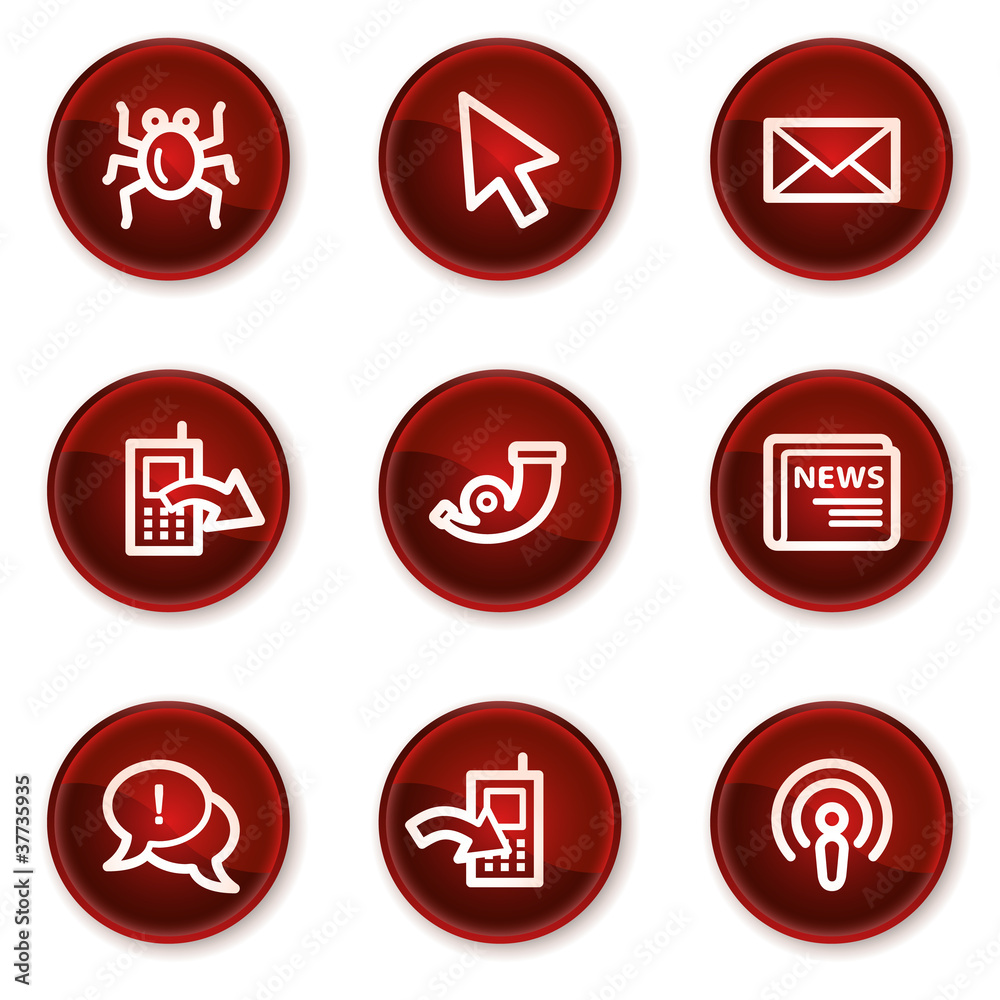 Internet web icons set 2, dark red circle buttons