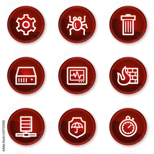 Internet security web icons, dark red circle buttons