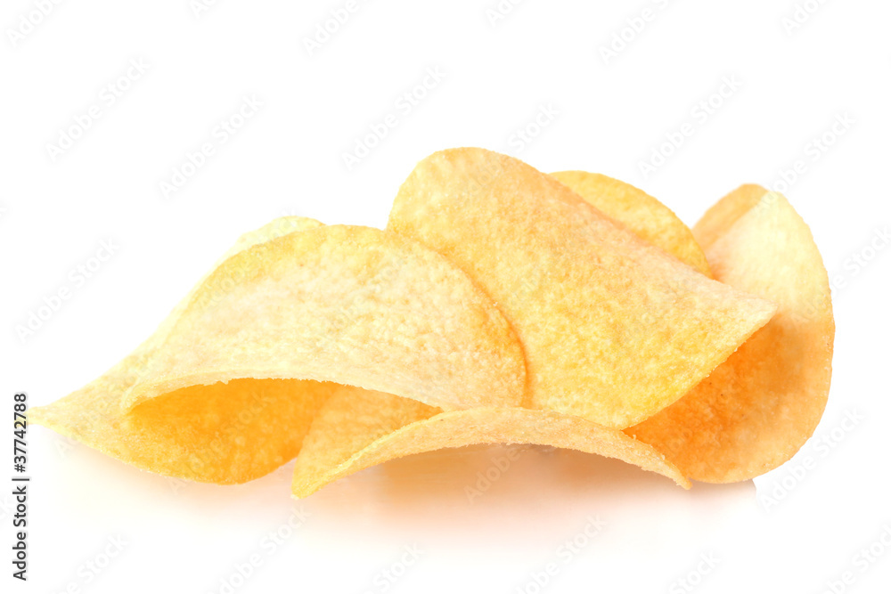 Delicious potato chips isolated on white Delicious potato chips isolated on white