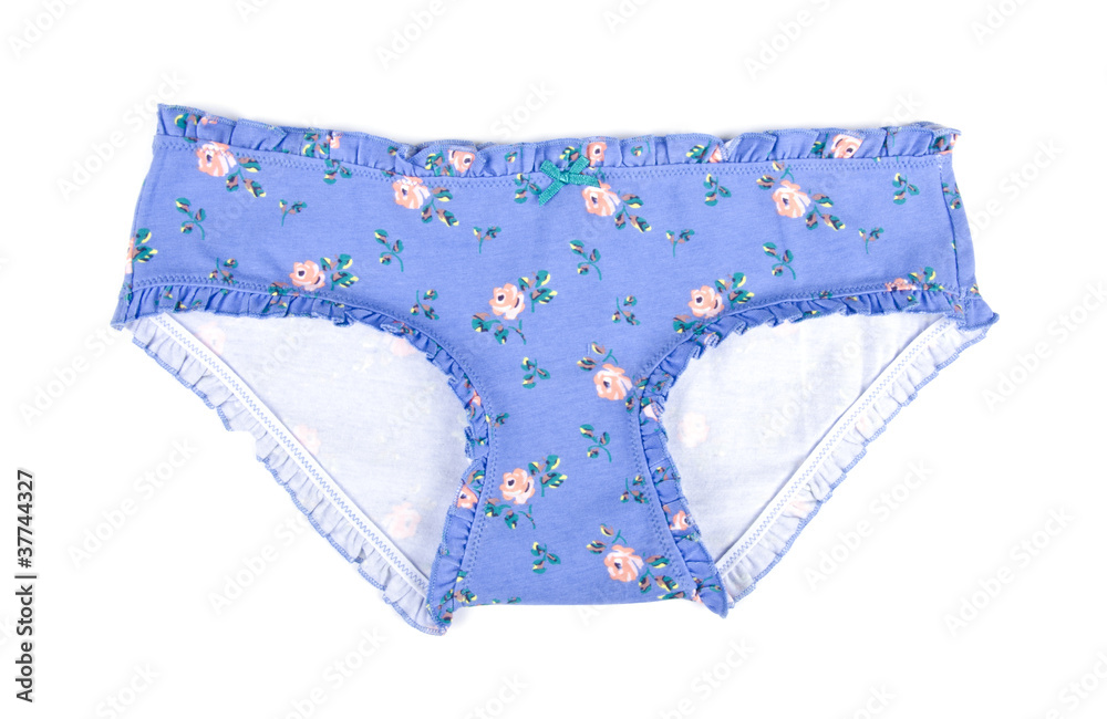 Pretty Blue Cotton Panties with Pink Flowers and Frils Stock Photo