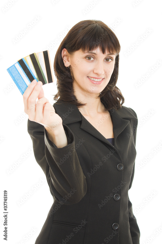 Woman with many different credit cards. Isolated on white. Woman with many different credit cards. Isolated on white.