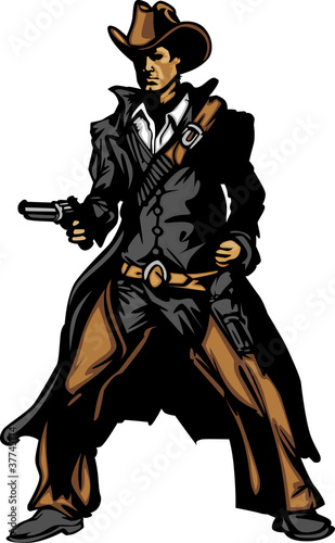 Cowboy Mascot Aiming Gun Vector Illustration