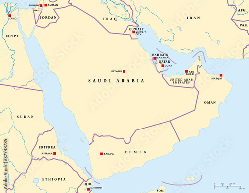 Arabian Peninsula political map with capitals and national borders. Illustration with English labeling and scaling. Vector.