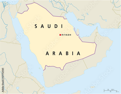 Saudi Arabia political map with capital Riyadh and national borders. English labeling and scaling. Illustration. Vector.