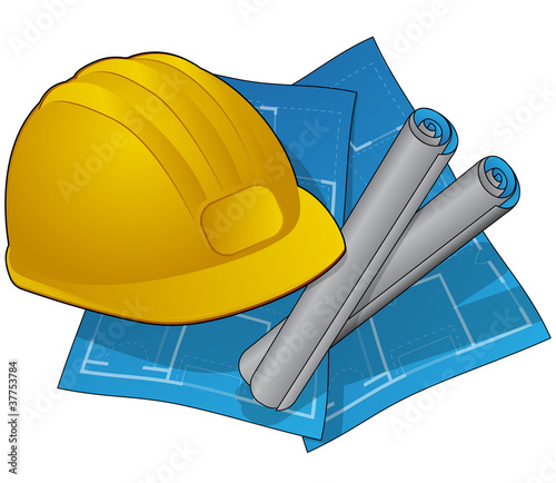 Construction icon symbol of hardhat and blue prints