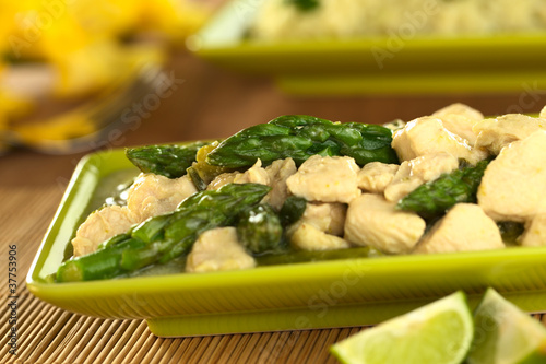 Photography Green asparagus and chicken fricassee