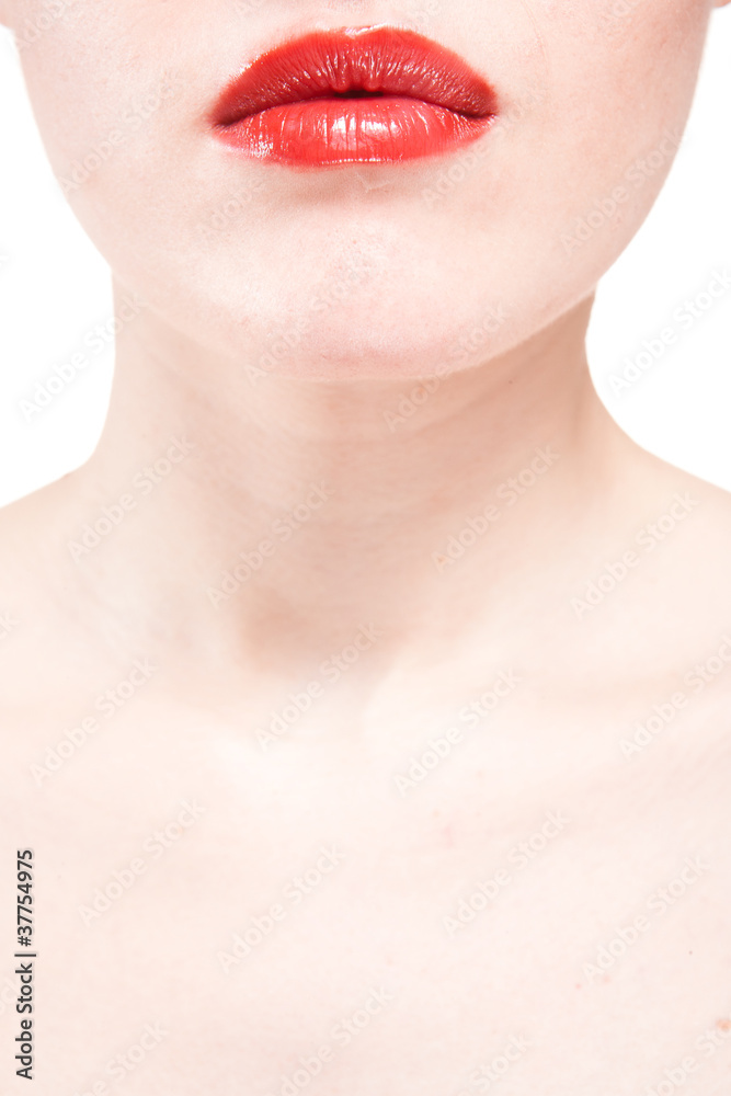 closeup of beautiful red lips on white background closeup of beautiful red lips on white background