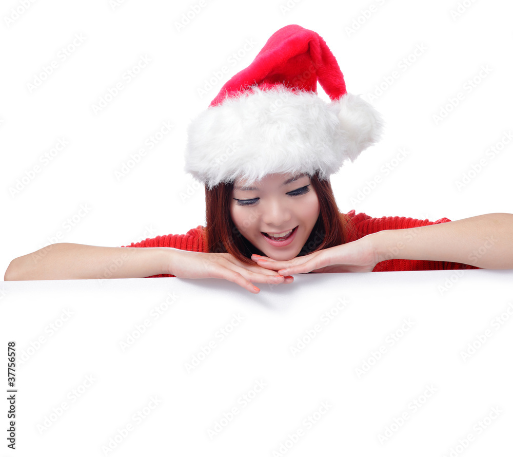 Christmas Happy beauty smile showing blank billboard Christmas Happy beauty smile showing blank billboard