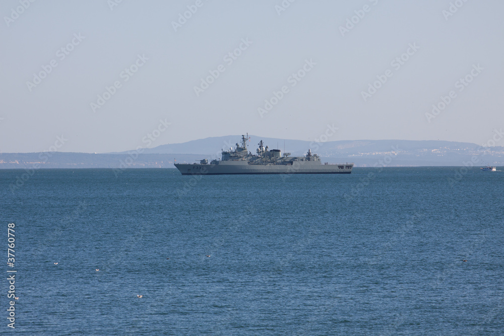 Military ship in the open sea