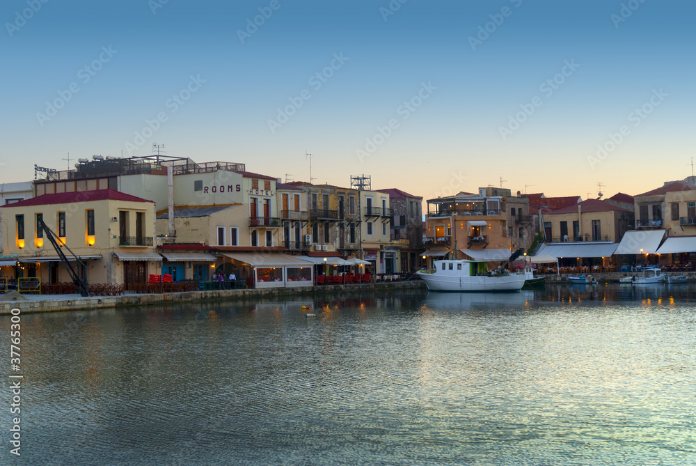 Sunset over the Venetian Harbour at Rethymno Crete Greece