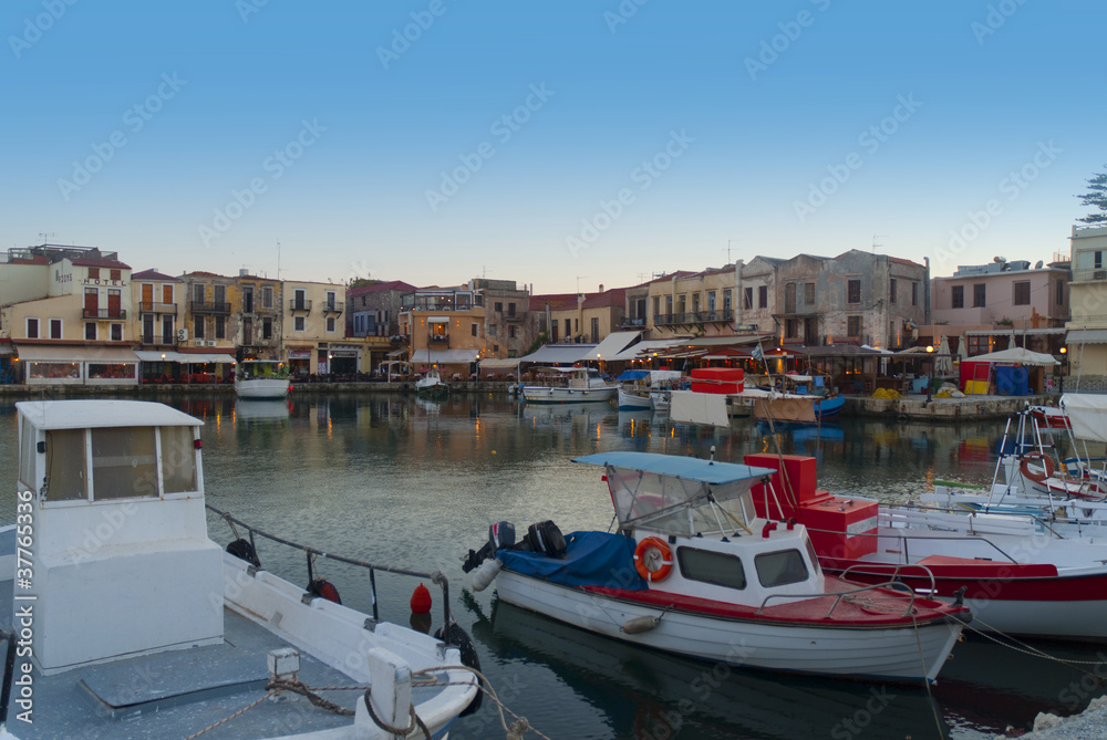 Sunset over the Venetian Harbour at Rethymno Crete Greece